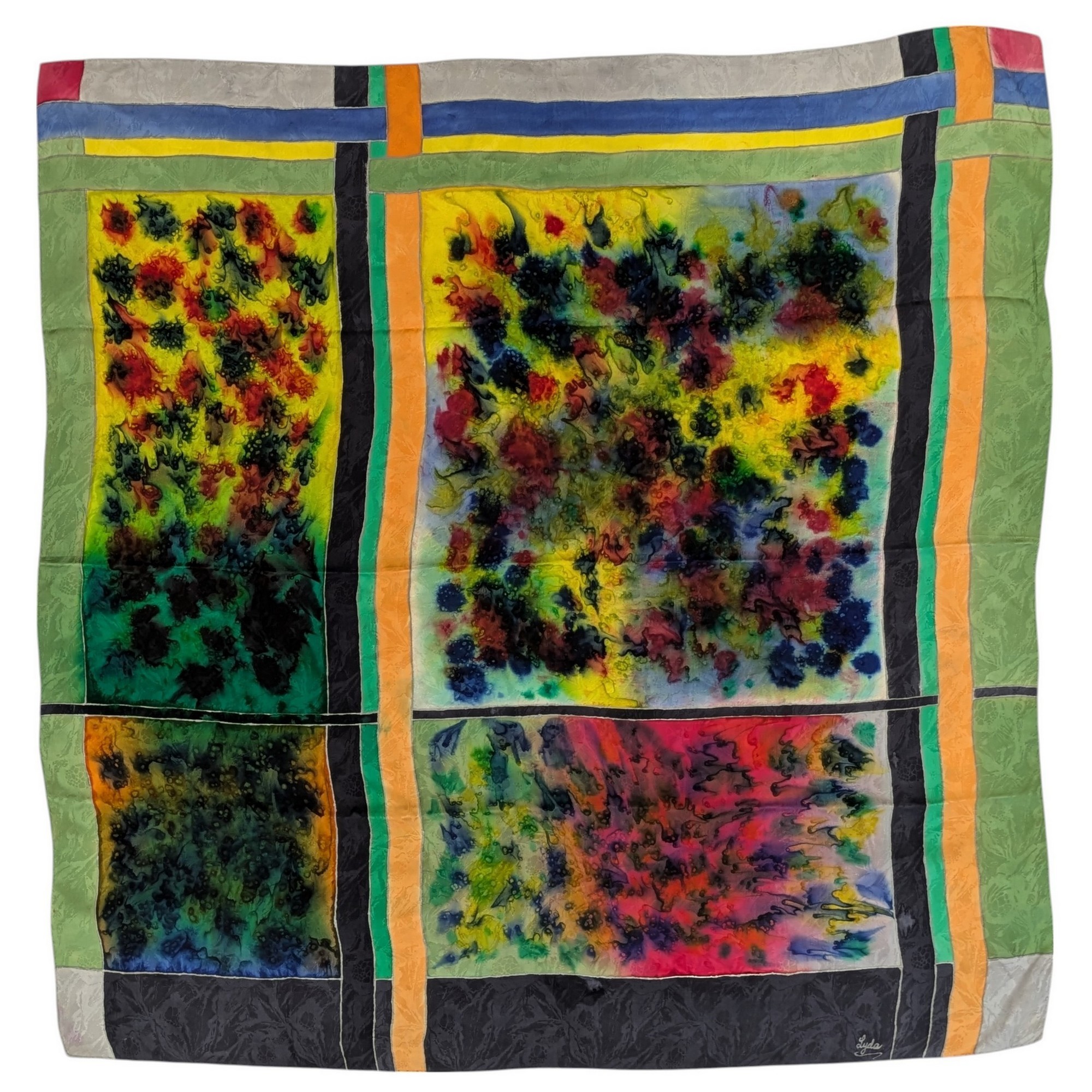 Foulard carr en soie peint  la main sign Lyda motifs abstraits - Label Emmaus - Modalova