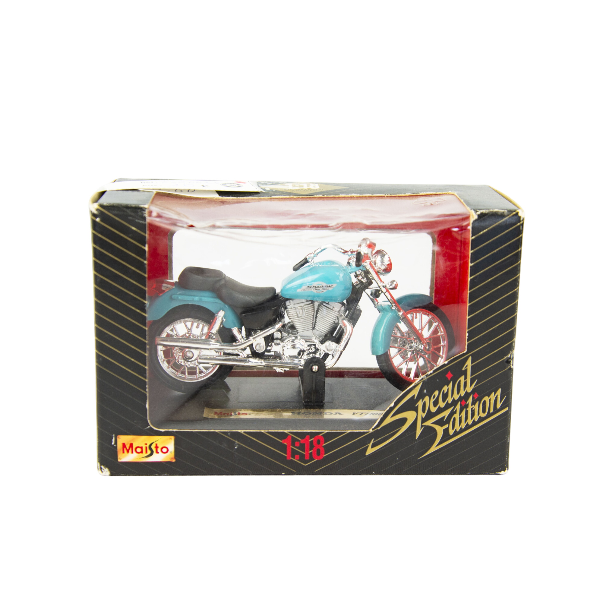Moto miniature de collection Maisto 1:18 Honda VT1100C2 sous blister bleu ciel en pastique et en métal Bon état -  reconditionné disponible sur Label Emmaüs