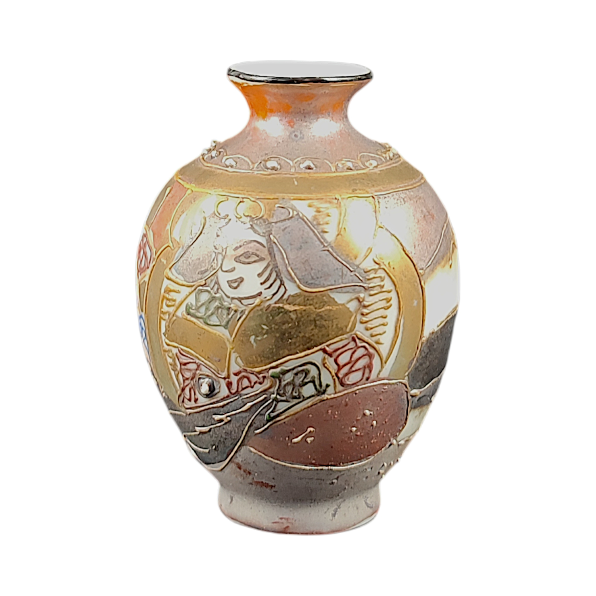Voir photo 2 de Petit vase japonais Satsuma en porcelaine peinte à la main et émaux. Petit vase japonais Satsuma en porcelaine peinte à la main et émaux. Bon état - Vue 2 -
