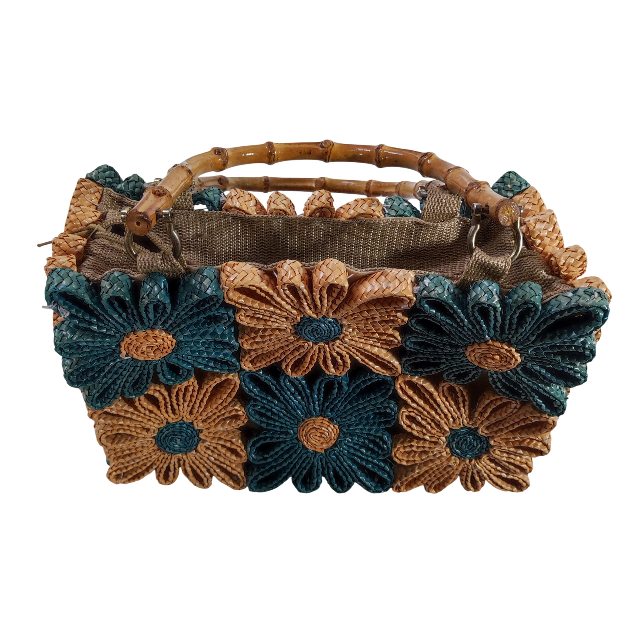 Sac en tissu et rafia bleu canard et jaune  -  reconditionné disponible sur Label Emmaüs