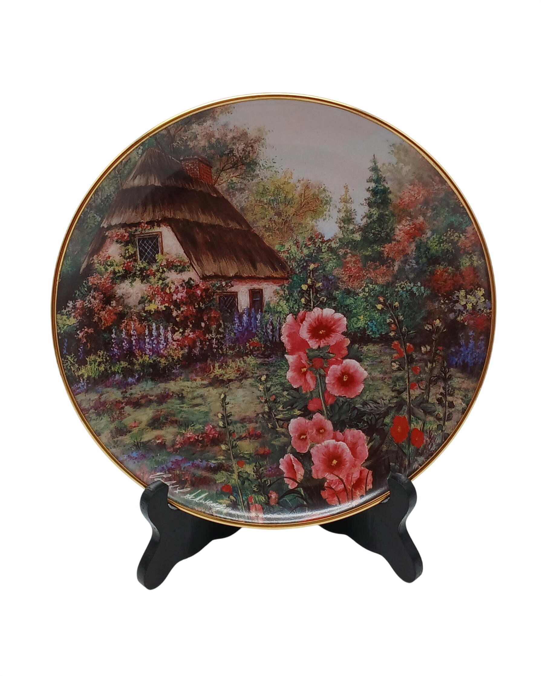 Assiette décorative en porcelaine fine Franklin Mint "Hollyhock Cottage" par Violet L. Schwenig, Edition limitée, années 1970-1990 Très bon état -  reconditionné disponible sur Label Emmaüs