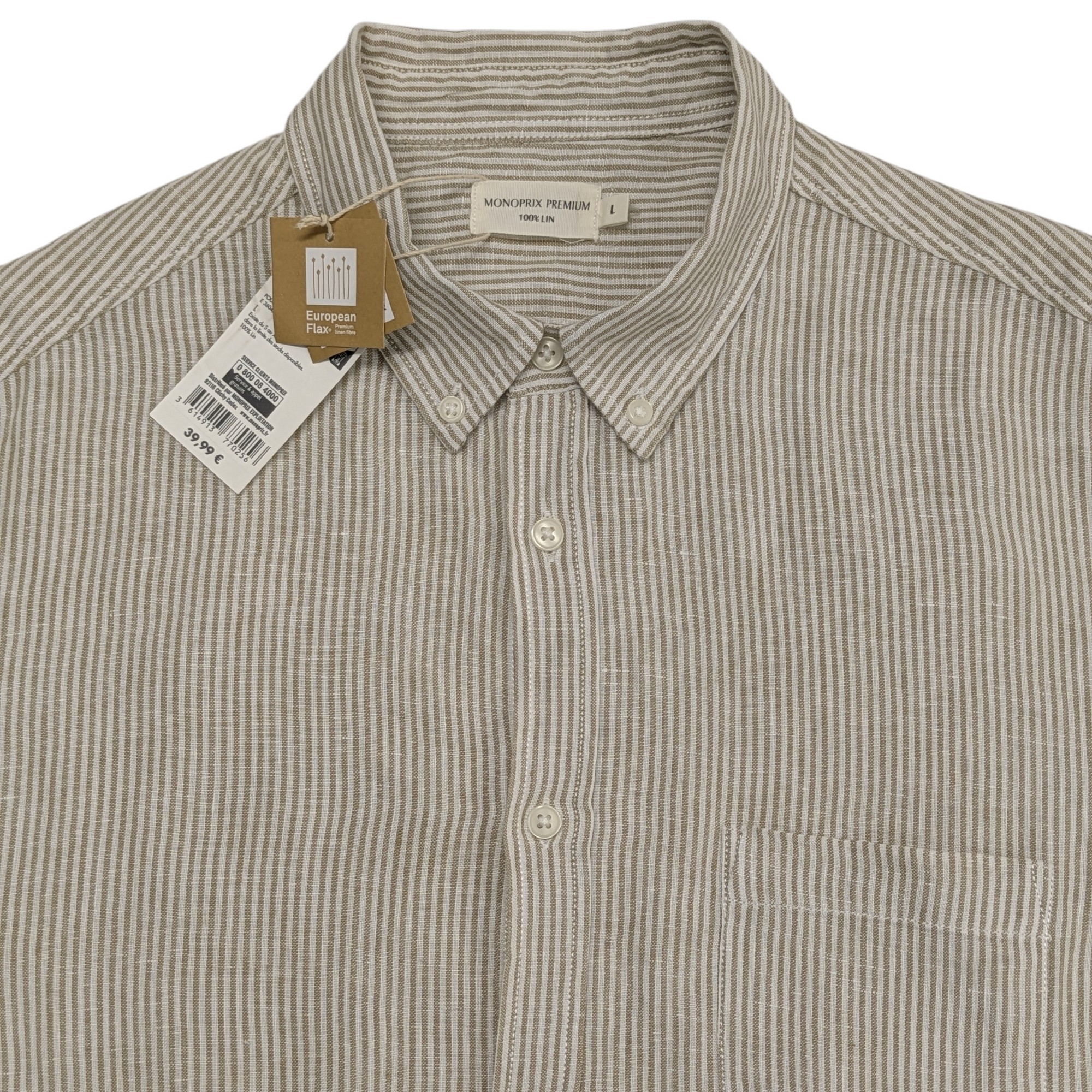 Neuf & étiquette Chemise Monoprix Premium T L en lin à rayures écrues/beiges - Photo 1