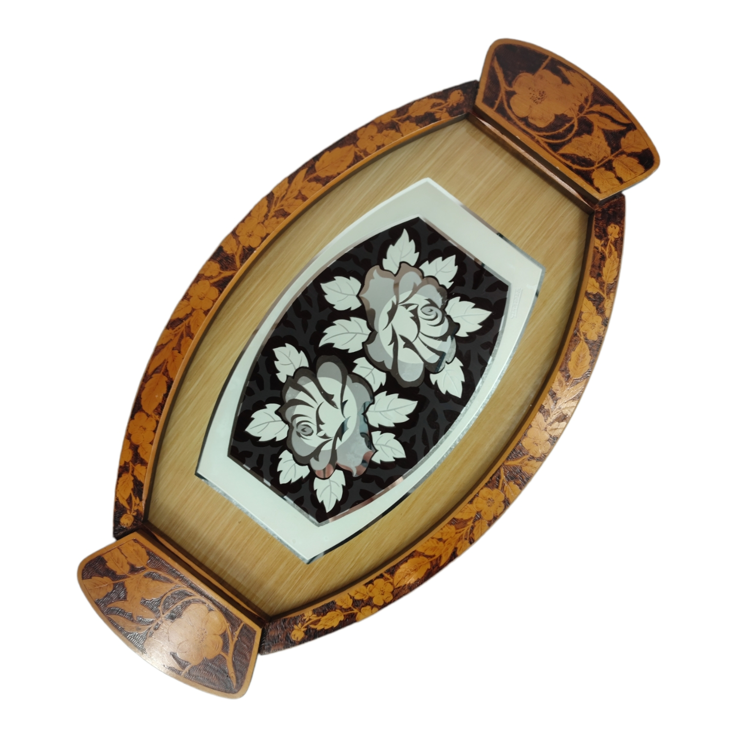 Ancien Plateau En Bois Laqué Motif Floral - Fabrication Française