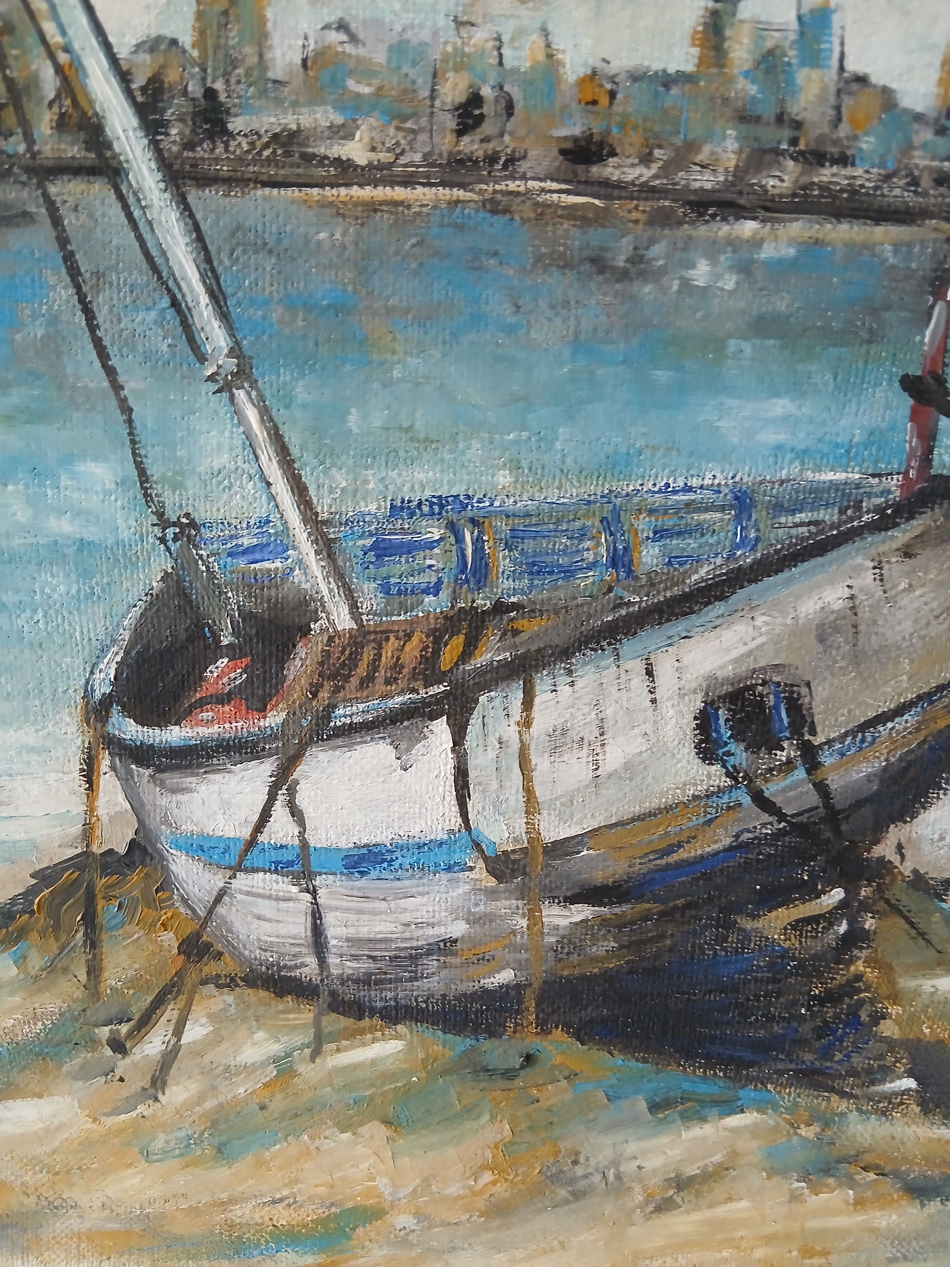 Tableau huile sur toile d'un bateau échoué. Signature à identifier. - Photo 2