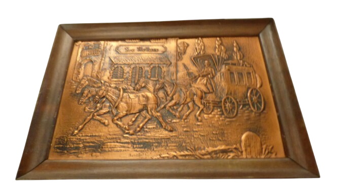 Tableau en cuivre Le relais - Calèche tirée par des chevaux - Photo 0