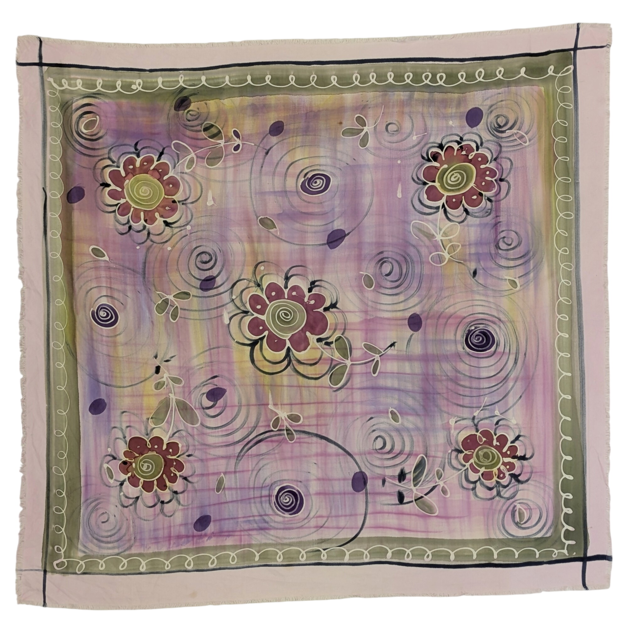 Foulard carré en soie peint à la main motifs floraux Tendance hippie Bohème 83 x 87 cm - Photo 1