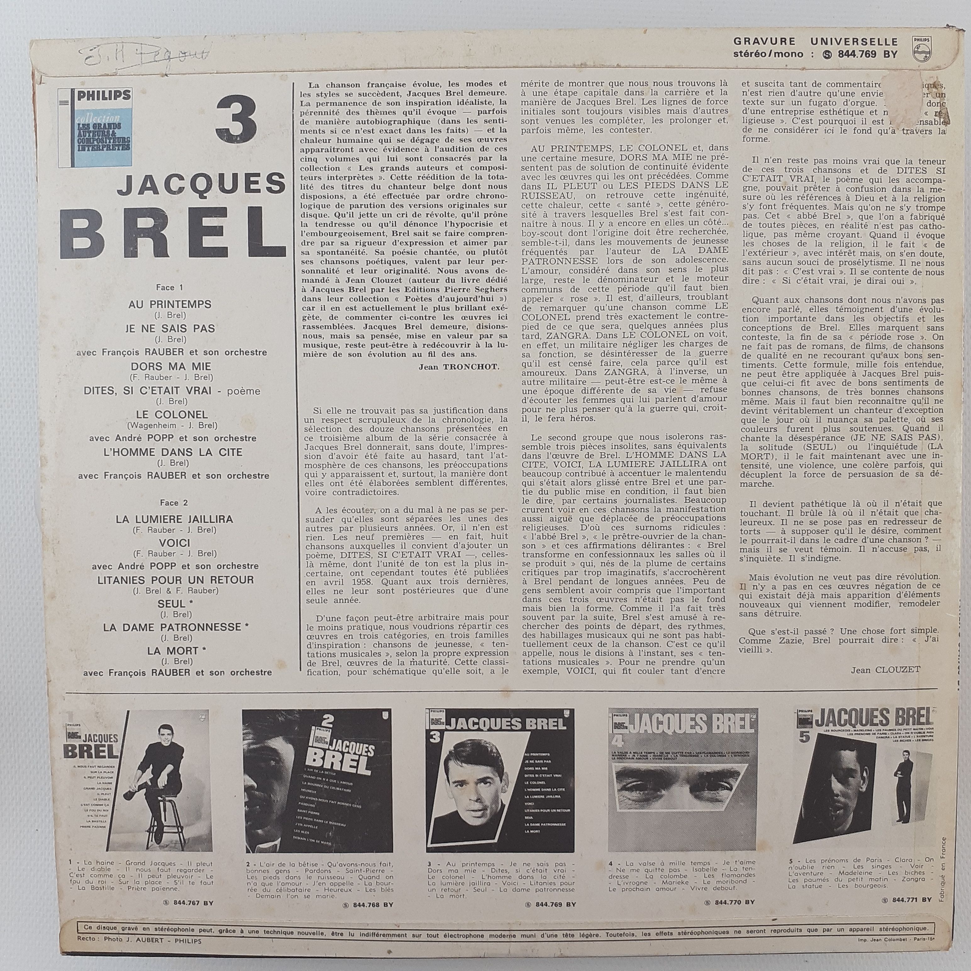 Voir photo 4 de Jacques Brel N°3 Jacques Brel N°3 Très bon état - Vue 4 -