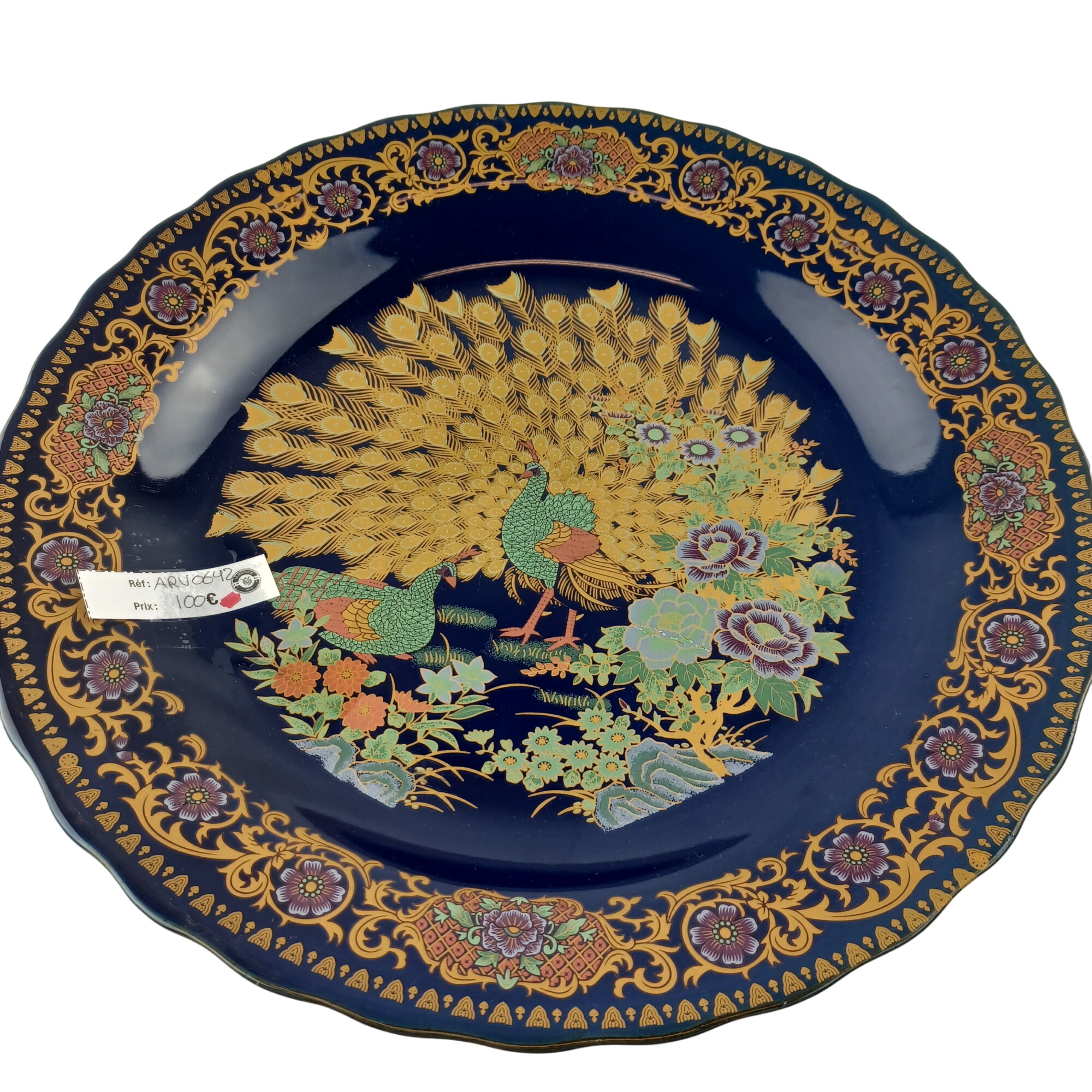 Grande Assiette Marocaine Taous (paons) – Porcelaine – Diamètre 36 Cm – Vintage