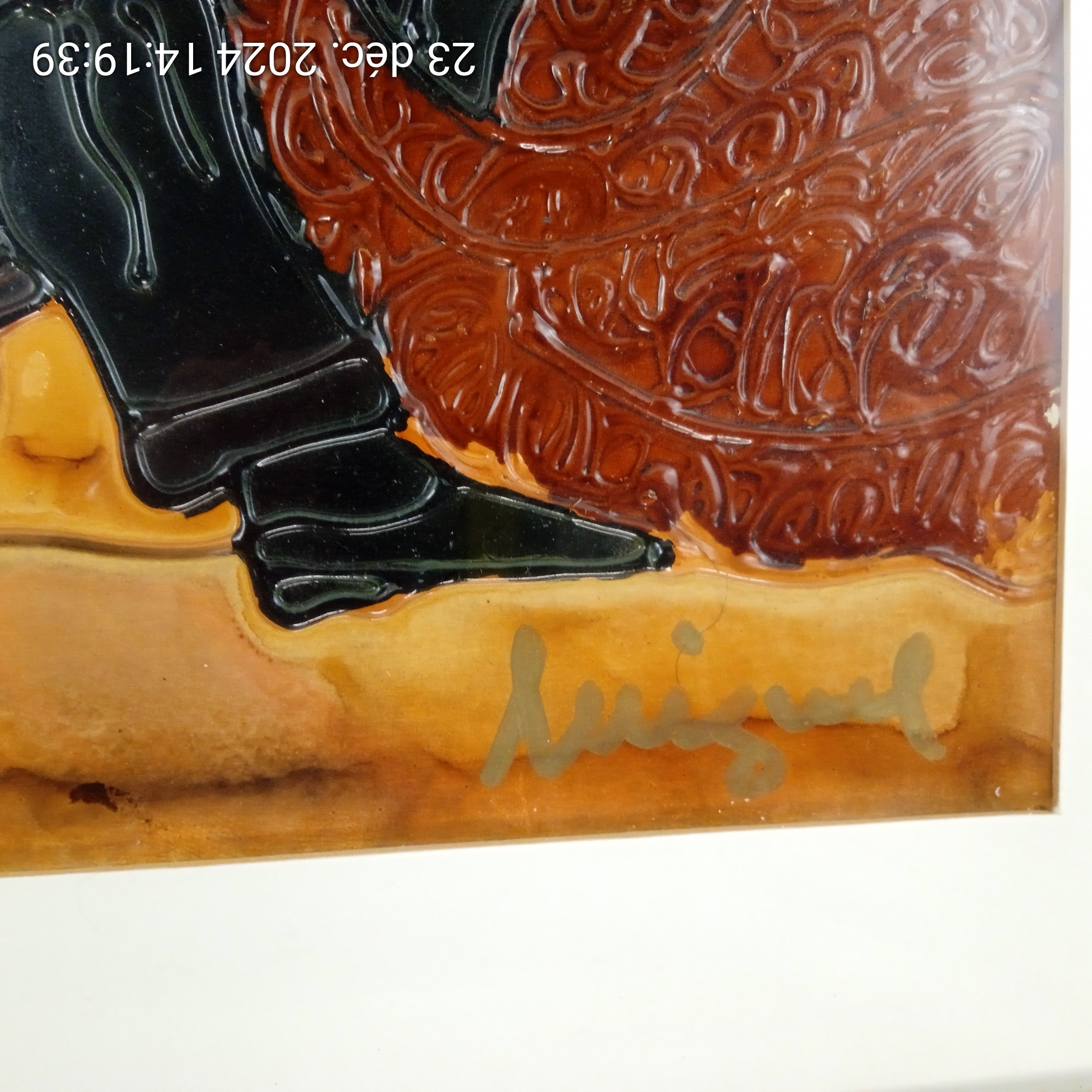 Tableau métal La Pêche relief signée 42x35 cm - Bon état - Photo 2