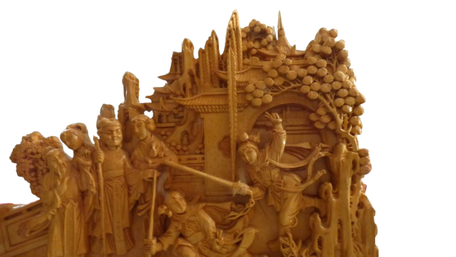 Haut relief Asiatique en bois sculpté et son support - scène de samourais - Photo 4