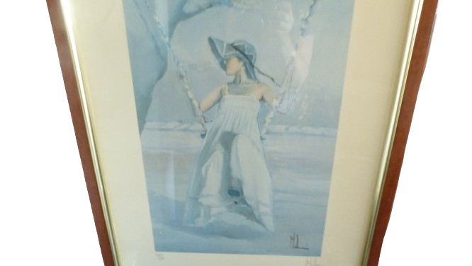 Lithographie en quadrichromie numérotée de Innocenzo Melani représentant une femme sur 1 balançoire - Photo 1