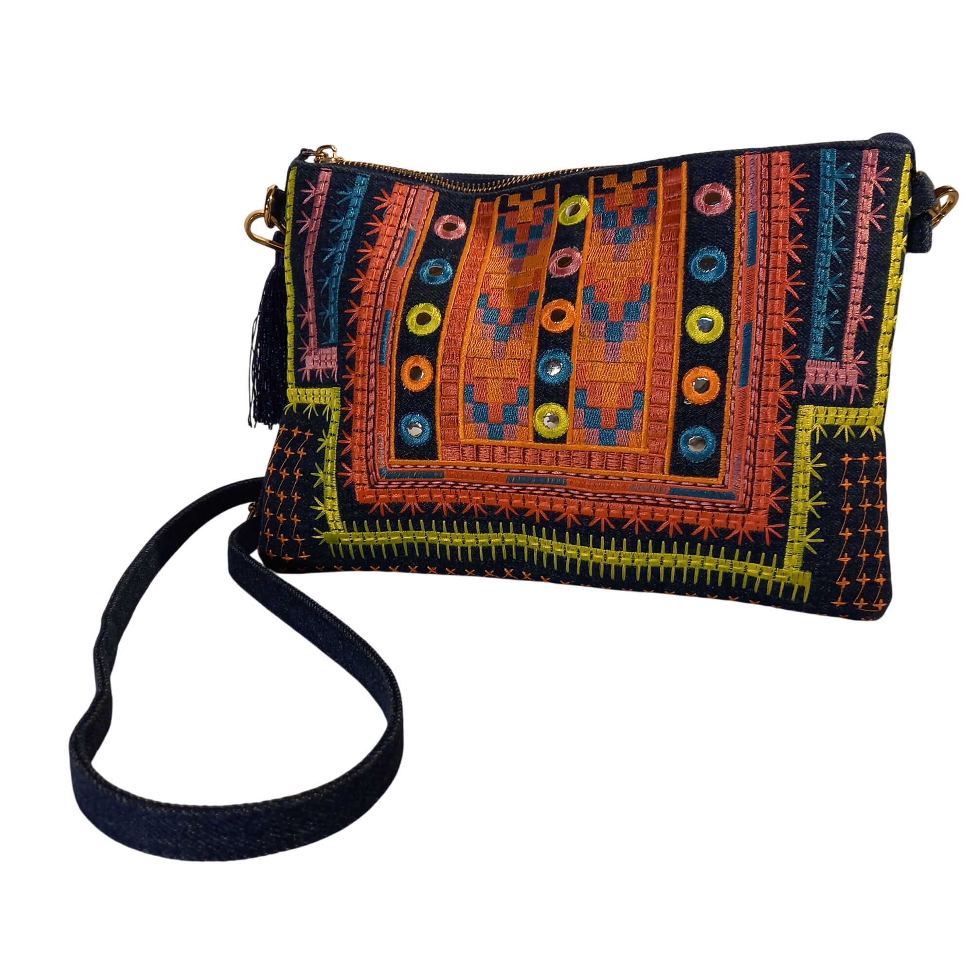 Sac tissu & broderies ethnique à franges et perles - Photo 0