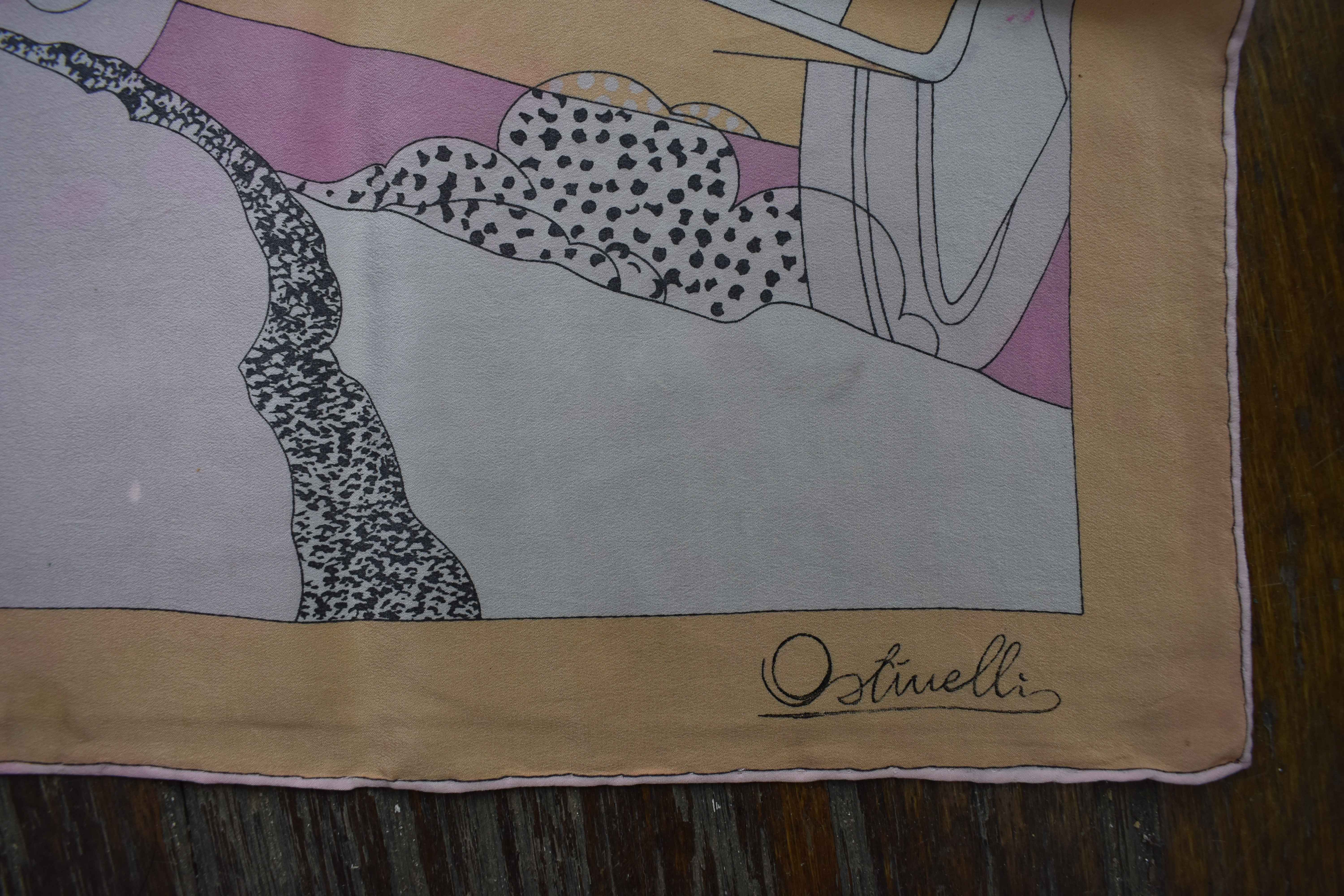 Echarpe en crêpe de soie rose poudré ( 135 X 26 cm ) et carré OSTINELLI, camaïeu rose à motifs automobile 