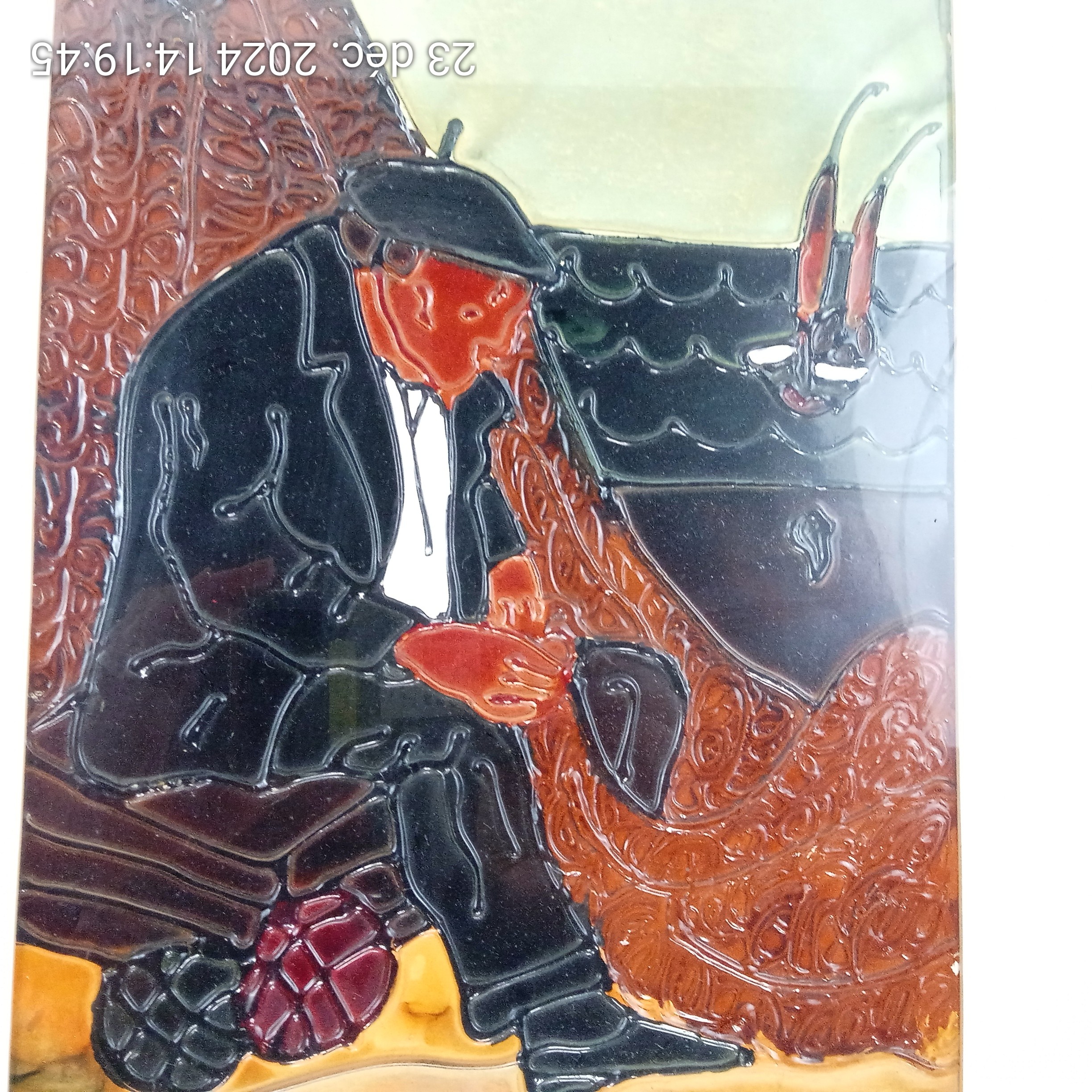 Tableau métal La Pêche relief signée 42x35 cm - Bon état - Photo 3