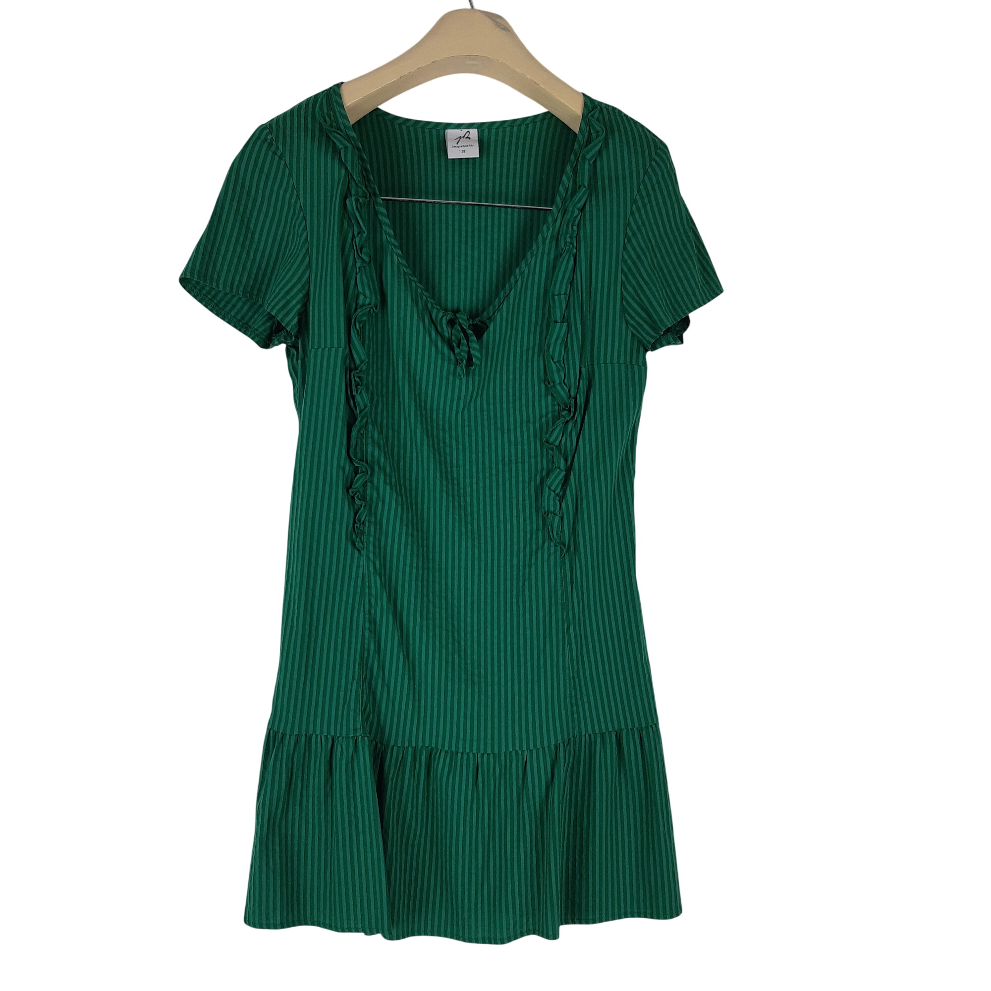 Jacqueline Riu - Robe rayée verte -Taille 38 mesures Carrure= 40 cm Poitrine=40 Hanches= 36 Bassin= 39 Très bon état -  reconditionné disponible sur Label Emmaüs