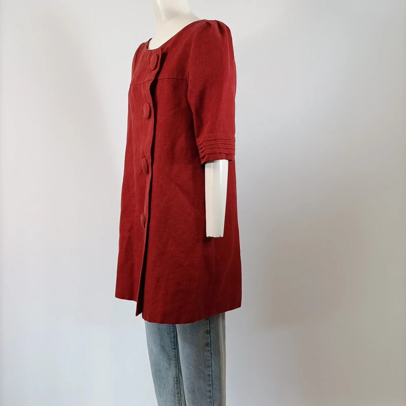 Veste longue rouge lin mélangé manches courtes style rétro Taille 38  - Vue 4 - 
