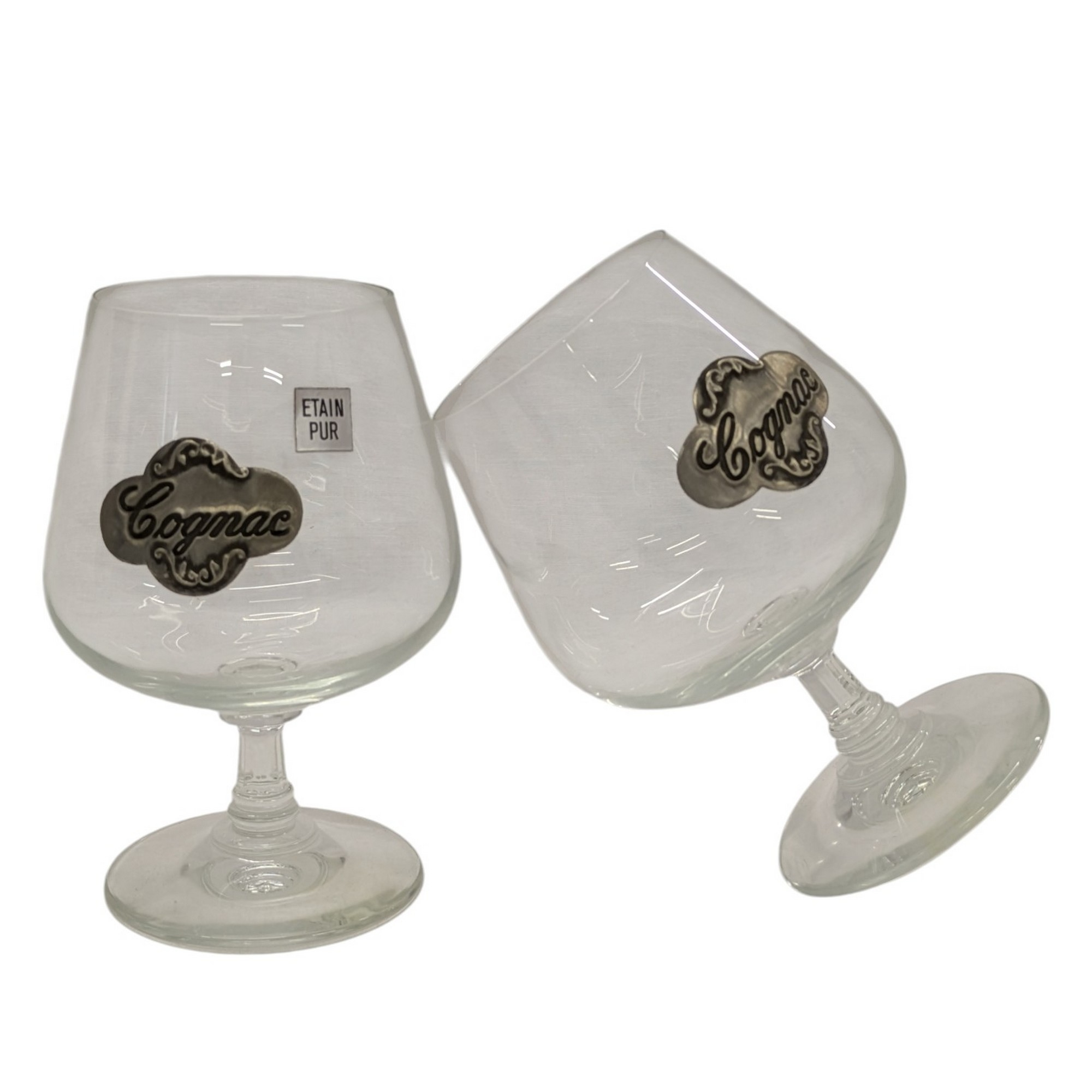 Coffret neuf de 2 verres à pied Digestif Cognac verre ( ou cristal) et étain vintage - Photo 1