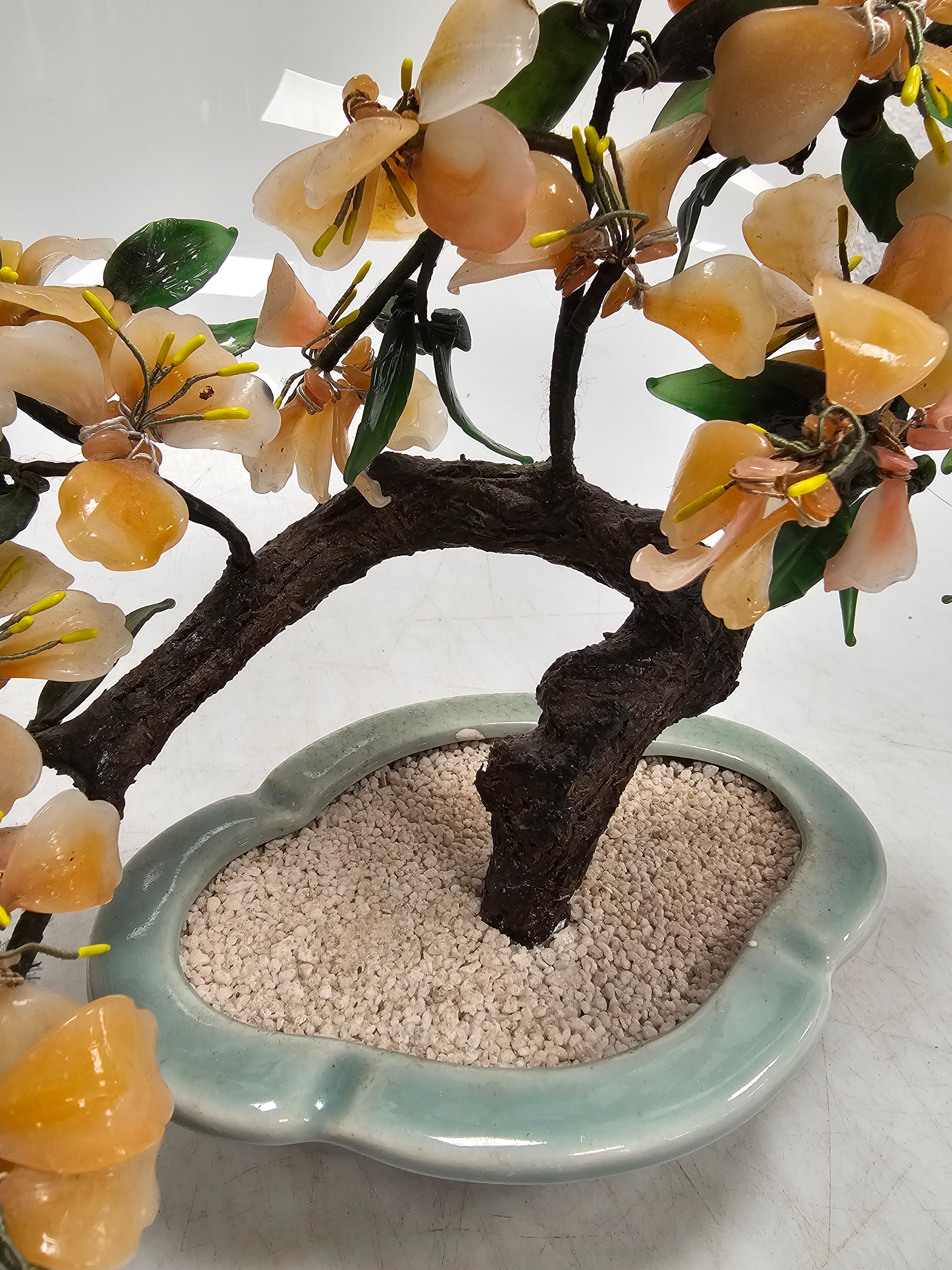 Bonsaï en verre vintage. Plante artificielle à fleurs rose pêche, Faux bonsaï décor oriental asiatique - Photo 3