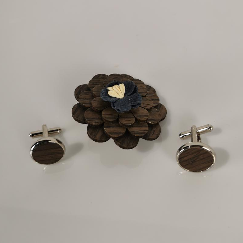 Broche-Pin's fleur en bois et boutons de manchettes  - Photo 0